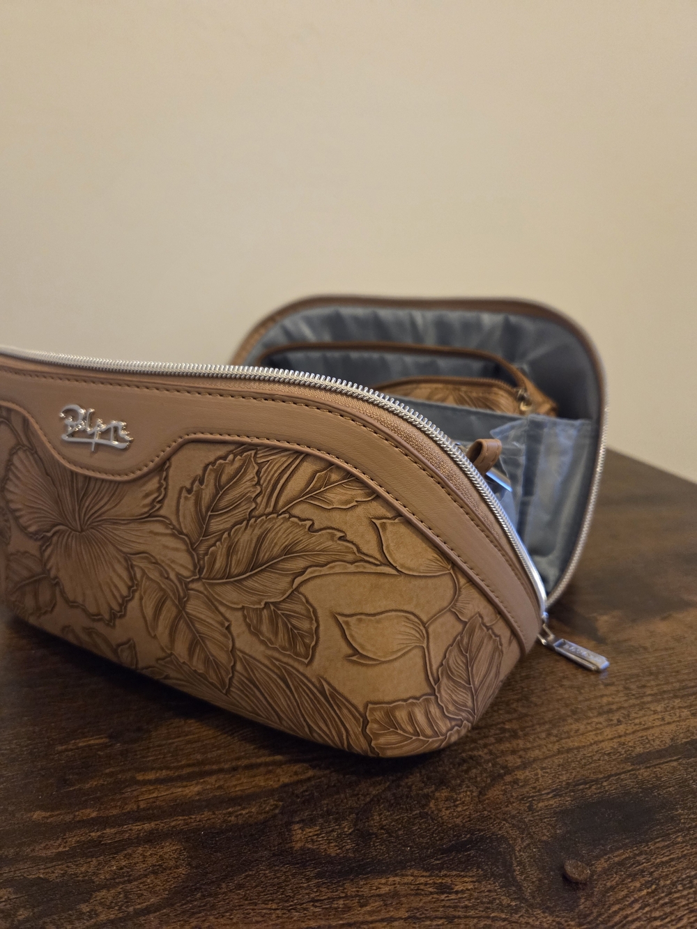 Embossed Floral Top-Handle Cosmetic Case in Tan - Picture 2 of 6